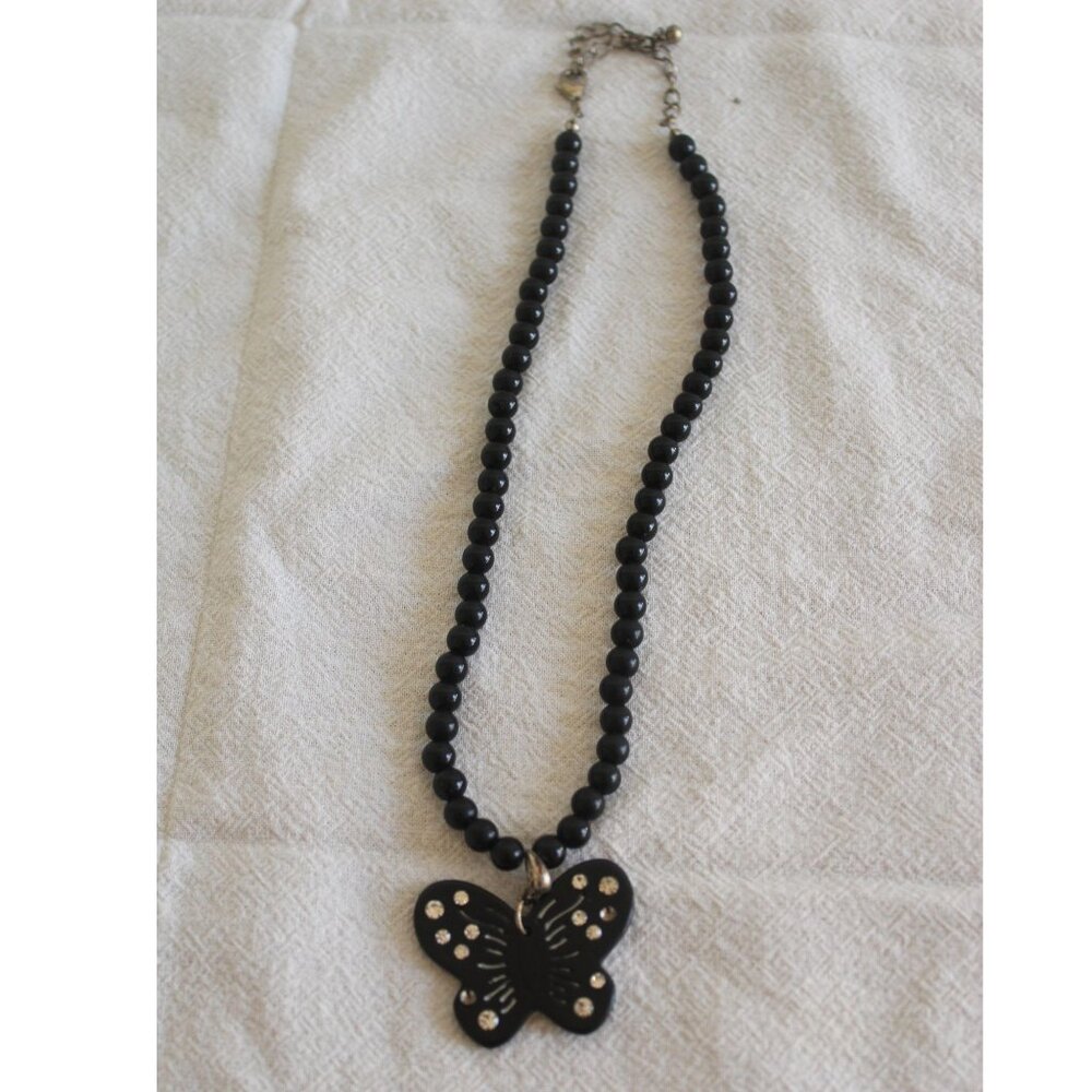 Plastic Beaded Black Necklace Butterfly Pendant Y2K Baddie Whimsigoth